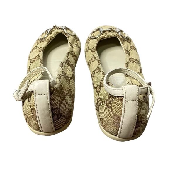 GUCCI Tan Monogram Horsebit Girls Flats 31 / US 13 Logo Ankle Strap - Picture 3 of 8